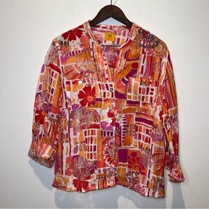 Ruby Rd. Women’s Size 16 Button Down Top Shirt Popover Semi-Sheer Geo Floral